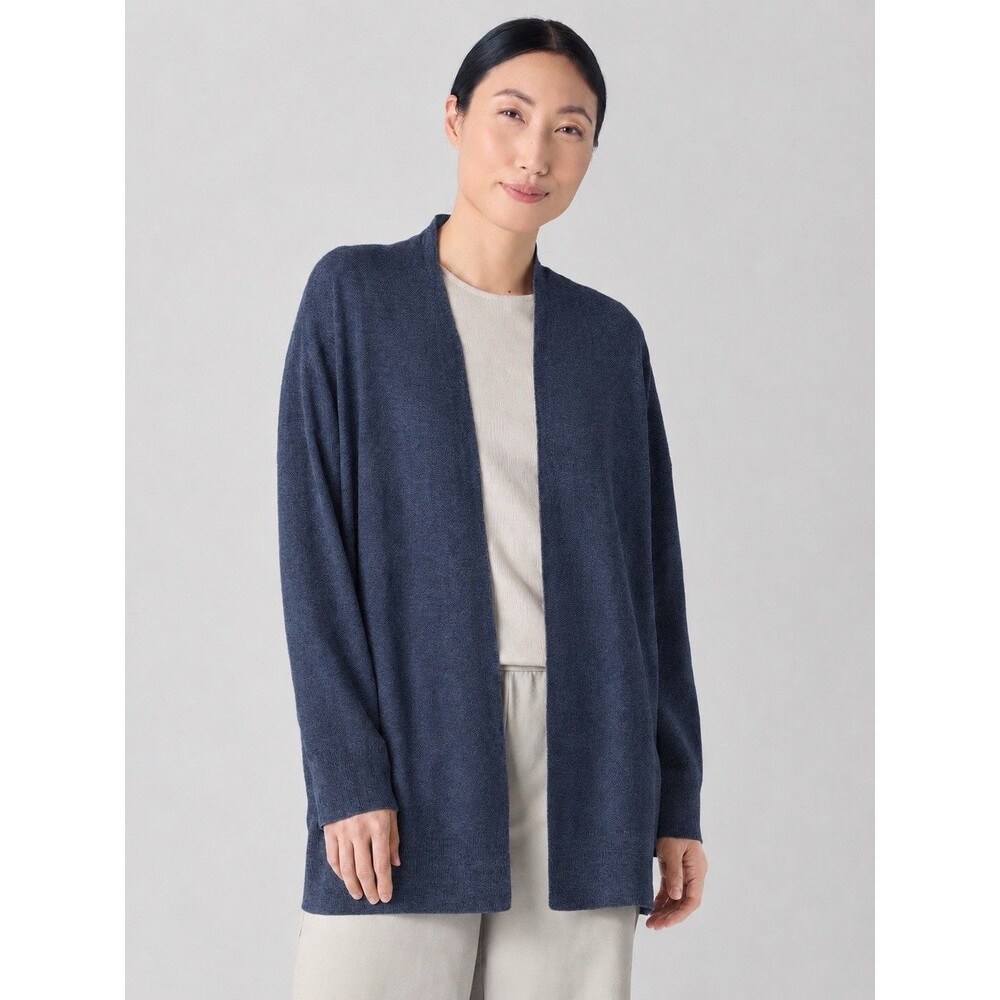 Eileen Fisher Blue Organic Linen Cardigan Women Sz L Modern Minimalist Beach GUC